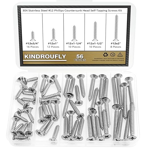 56 Pieces #12 x 3/4" 1" 1-1/4" 1-1/2" 2" Phillips Countersunk Head Self-Tapping Screws, Wood Screws Assortment Kit, 304 Stainless Steel