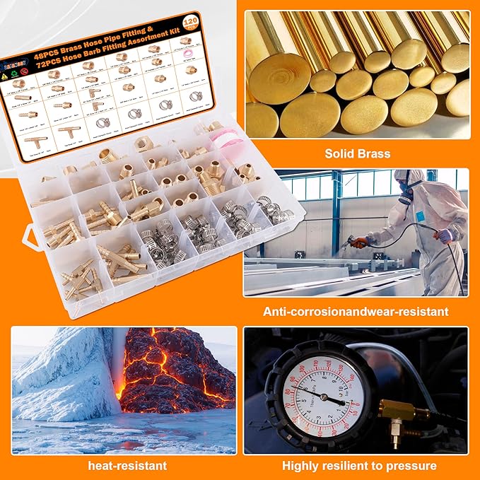 120Pcs Hose Pipe Fitting & Hose Barb Fitting Kit, 48Pcs Hose Pipe Fitting & 32Pcs Hose Barb Fitting & 40Pcs Hose Clamp, Hex Nipple, Reducing Bushing, NPT Adapter, Adapter, Union