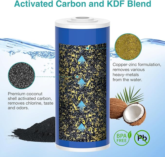 SimPure 10" x 4.5" Carbon and KDF Filters, Whole House KDF/GAC Heavy Metal Water Filter Cartridge Replacement for DB10C-2KDF, DB10P (4 Pack)