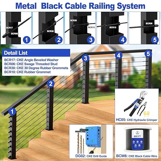 CKE 50 Pack 1/4" Black Angle Beveled Washers for Cable Railing, 30 Degree Beveled Washers for 1/8" 5/32" 3/16" Stair Deck Cable Railing Kit, T316 Stainless Steel Black Cable Railing Angle Washer,BCR17