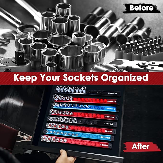 3/8" Magnetic Socket Holder Organizer - Aluminum Alloy Socket Rail Tray for Tool Box Drawer, Socket Rack with Extra 2Pcs Replacement Clips for Automotive Garage(Red)