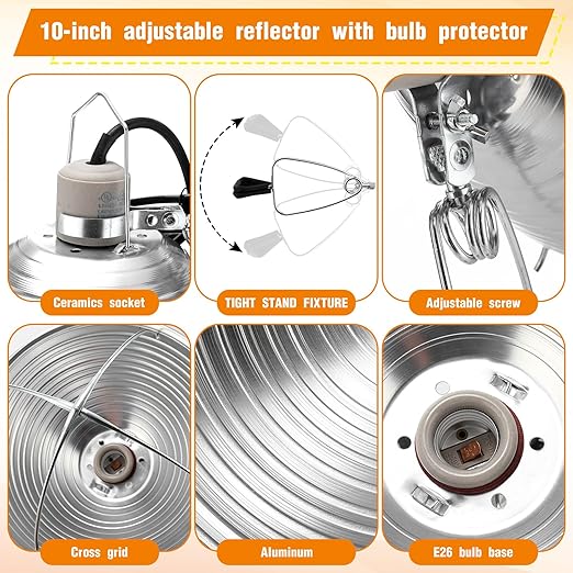 Macarrie 8 Pack Clamp Lamp Light with Aluminum Reflector, 6ft SPT-2 18awg Cord and Adjustable Stand Fixture, up to 150 Watt, E26 Socket, No Bulb (10.5 Inch)