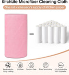 KitchLife Microfiber Cleaning Cloth Roll, 100 Pack - Tear-Away Microfiber Paper Towels, Lint-Free, Reusable, Washable for Kitchen, Car, Dishes, and Sensitive Surfaces (Pink)