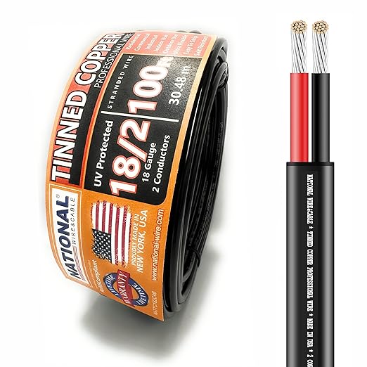 National Wire&Cable - 18/2 Tinned Copper Professional Wire (100 Feet) 18 AWG Gauge Stranded PVC Cord - 2 Conductor Electrical Wire - Made in USA - CL Rated/ETL Listed - LED Light, Low Voltage Cable