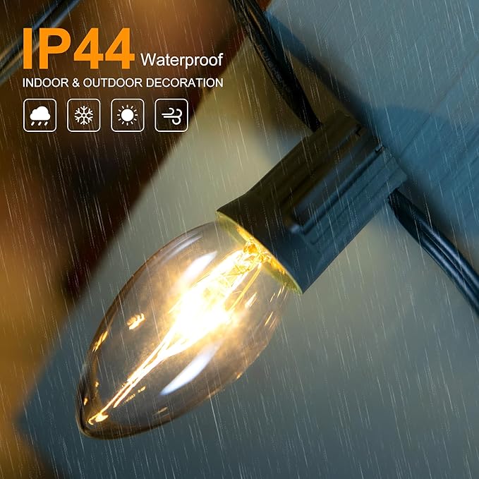 25 Pack C9 Incandescent Bulbs, C9 Replacement Clear Bulb for Christmas String Light, Indoor Outdoor Holiday Decor, E17 Intermediate Base, 7 Watt, Warm White