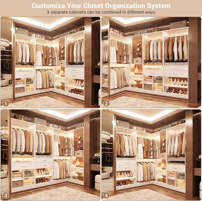 Unikito 86” Corner Closet System, Modular Closets Organizer with 4 Hanging Rods and Storage Shelves, Freestanding Adjustable Wood Clothes Garment Rack with Drawers, Sturdy Walk in Closet Tower, White