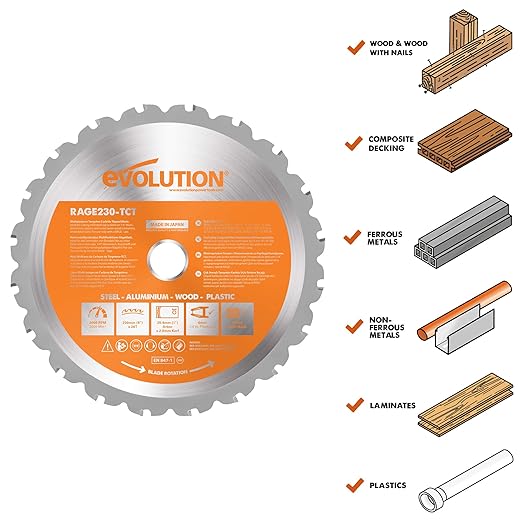 Evolution Power Tools RAGE230BLADE Multi-Material TCT Blade For Saws, Cuts Mild Steel, Aluminum, Plastics and Wood, 9-Inch