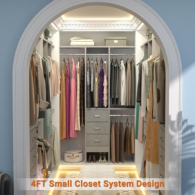 4FT Small Closet System with 3 Fabric Drawers, 48'' Closet Organizer System With 3 Adjustable Shelves, Flexible Built-In Clothes Garment Rack for Small Space, 48" L x 13" W x 71" H, Grey