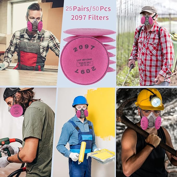 2097 Respirator Filters (50Pcs/25Pairs), Respirator Cartridges with Activated Carbon Layer, Filter for 6200, 6502, 6800, 7502 Respirator, for Against Particulate, Dust, Organic Vapor, Painting