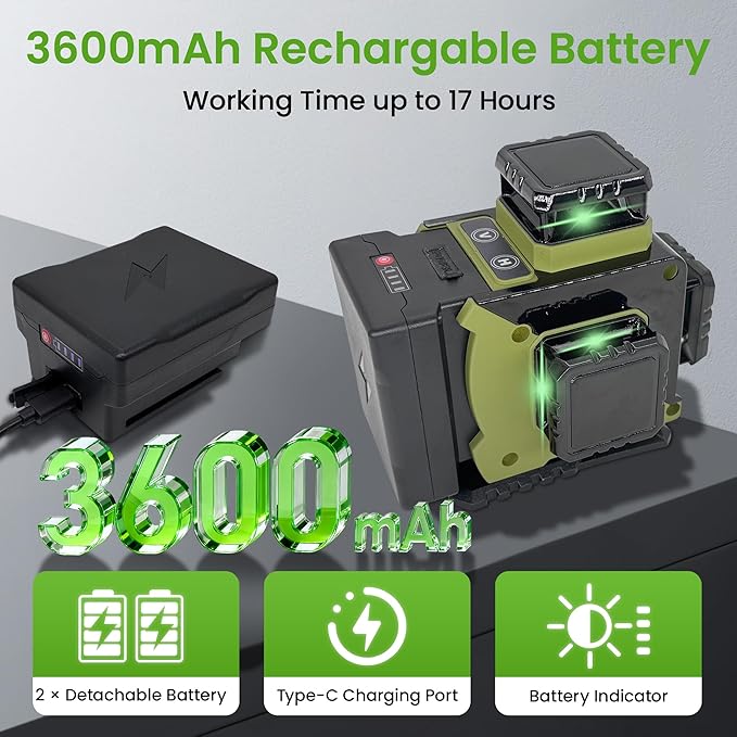 Laser Level 360 Self Leveling, 3x360° 3D Green Line Laser Level for Picture Hanging, Rechargeable Lazer Level with Type-C Charger, 2 * 3600mAh Batteries, Magnetic Rotating Stand and Hard Case