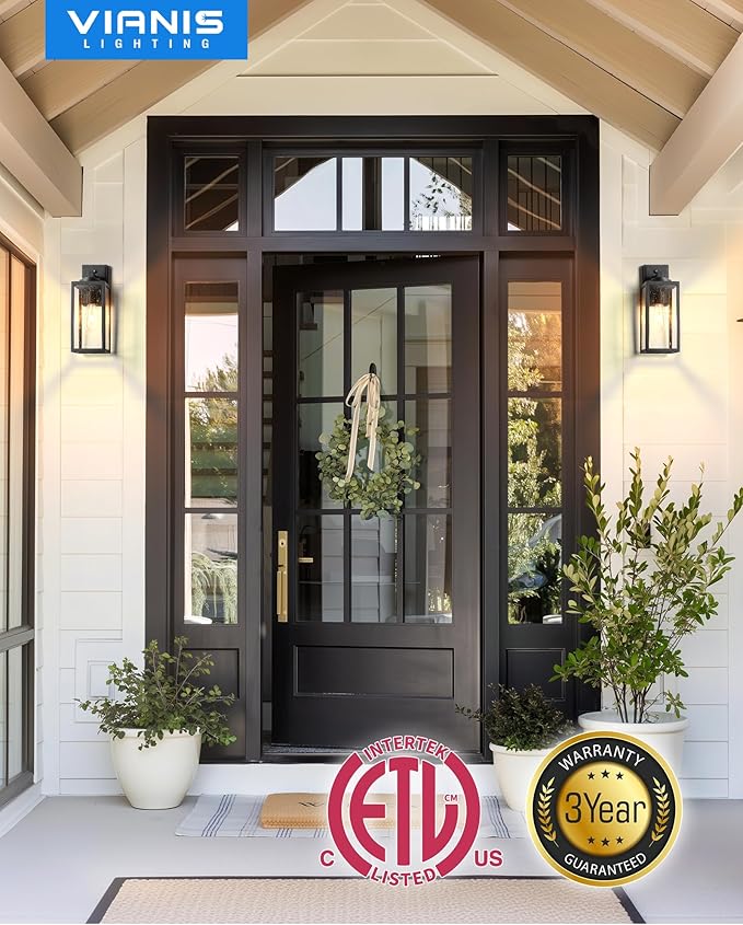 VIANIS 14.5" Large Dusk to Dawn Outdoor Lighting, Black Modern Exterior Lighting Fixtures with Tempered Glass, Anti-Rust Porch Lights Outdoor for House, Outdoor Wall Lights, 2-Pack (Hardwired 120VAC)