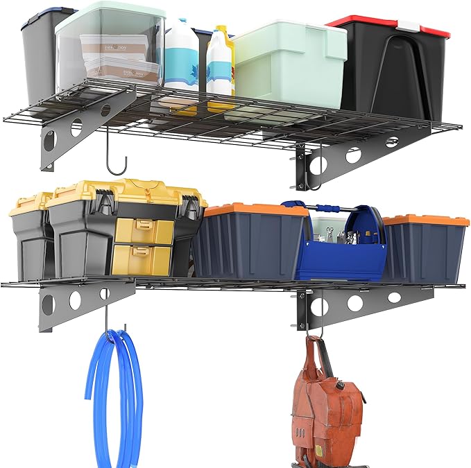 Ultrawall Garage Wall Shelves, 2 x 4 ft Wall Mounted Storage Shelves, Heavy Duty Wall Shelving with Hooks, Holds Up to 220 Lbs, 2Pack, Black