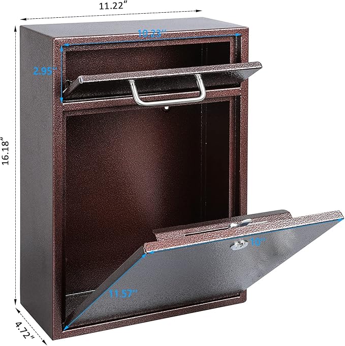 KYODOLED Steel Key Lock Mail Boxes Outdoor,Locking Wall Mount Mailbox, Security Key Drop Box, Collection Boxes,16.2Hx 11.22Lx 4.72W Inches, Bronze X Large