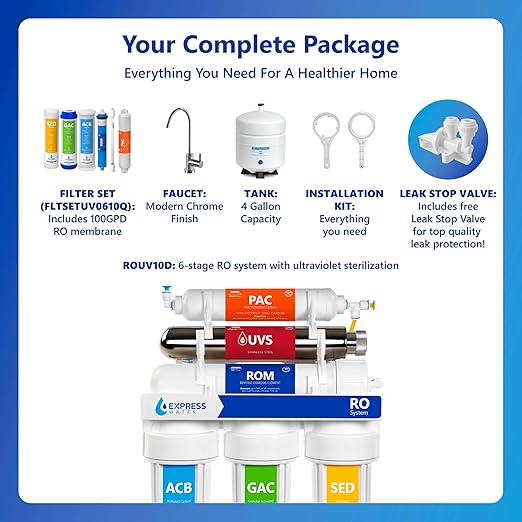 Express Water Reverse Osmosis Ultraviolet Water Filtration System – 100 GPD (Modern Chrome Faucet)