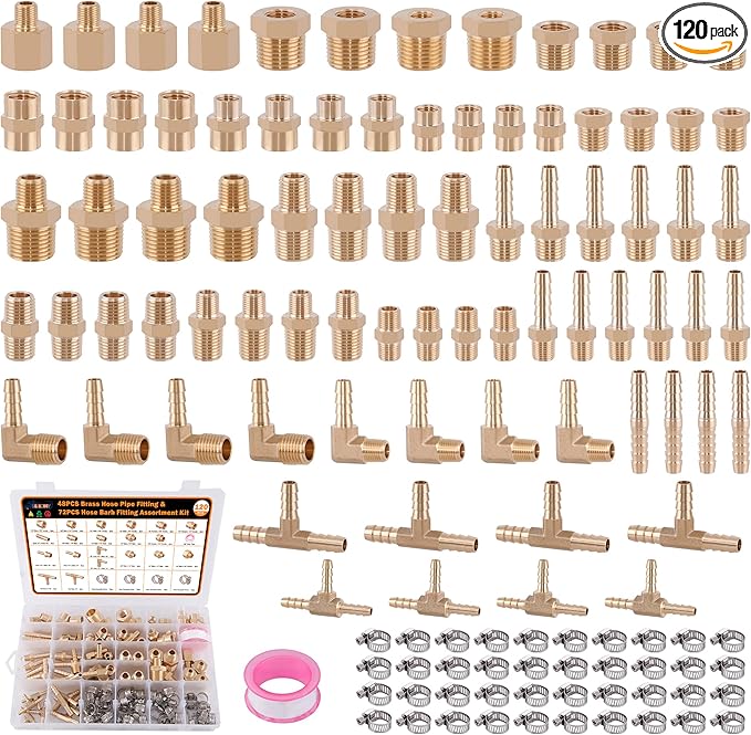 120Pcs Hose Pipe Fitting & Hose Barb Fitting Kit, 48Pcs Hose Pipe Fitting & 32Pcs Hose Barb Fitting & 40Pcs Hose Clamp, Hex Nipple, Reducing Bushing, NPT Adapter, Adapter, Union