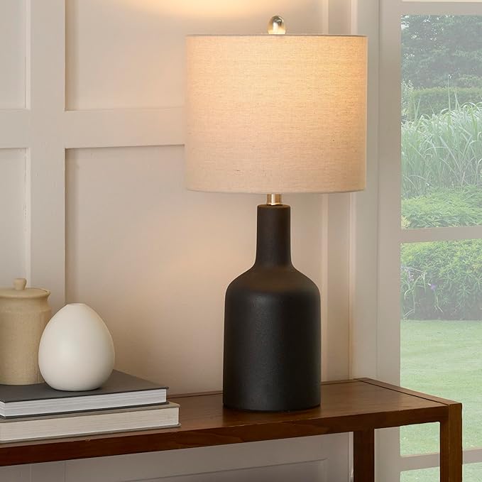 Nourison Home 22" Matte Black Ceramic Table Lamp with Oatmeal Shade for Modern, Transitional, Bedside Table, Living Room, Dining, Entryway