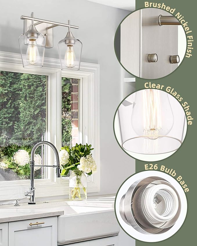 2 Lights Bathroom Light Fixture, 15 Inch Brushed Nickel Bathroom Vanity Lights Over Mirror, Modern Farmhouse Bath Wall Sconce Light with Clear Glass, WL9167-2C