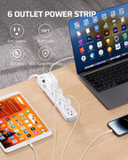 DEWENWILS 6-Outlet Power Strip Surge Protector, 15FT Long Extension Cord, Low Profile Flat Plug, 15 Amp Circuit Breaker, 500 Joules, Wall Mount, White, UL Listed