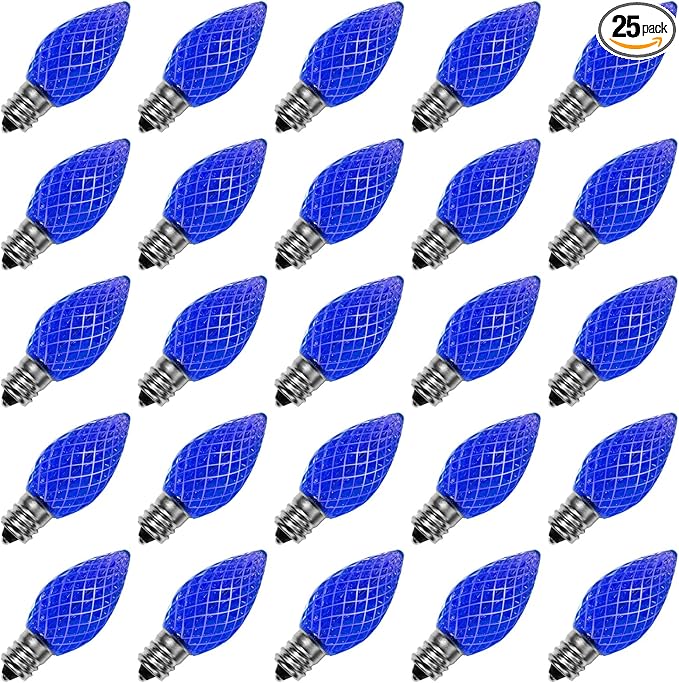 Meconard C7 Led Replacement Christmas Light Bulbs, C7 Shatterproof Led Bulbs for Christmas Indoor Outdoor String Lights, E12 Candelabra Base, Commercial Grade Holiday Bulbs, Blue, 25 Pack
