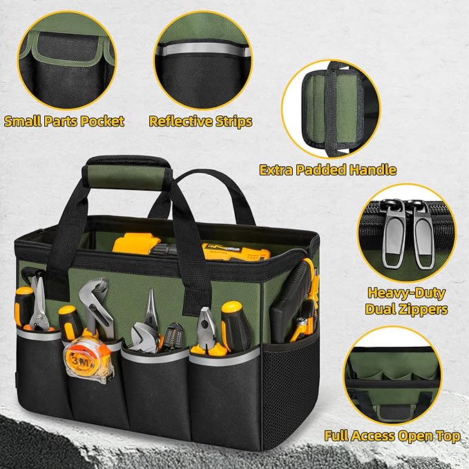 Tool Bag, Portable Tool Box Organizer Adjustable Shoulder Strap, Carry Tool Tote Heavy Duty Tool Storage Bag With Wide Mouth,Tool Bags for Men Mechanic EngineerGift - L, Army Green & Black