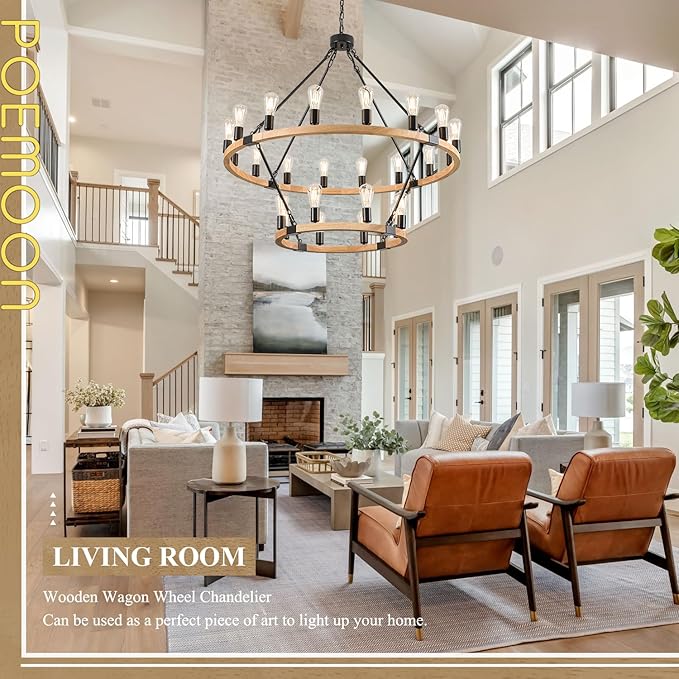 24-Light 2 Tiers Farmhouse Wooden Wagon Wheel Chandelier, 43.3'' Black Metal Round Chandeliers 2-Story Natural Rustic Light Fixtures for High Ceiling Living Dining Room Foyer Villa