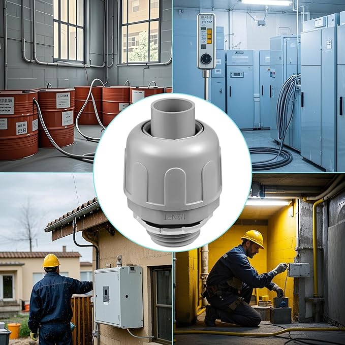 10-Pack 1/2 Inch Liquid Tight Connector NPT Non-Metallic PVC Electrical Flexible Conduit Fittings, UL Listed - 180 Degree Straight, Grey