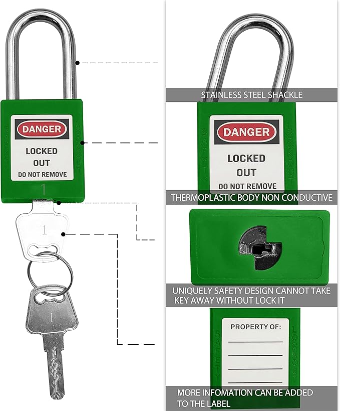 SAFBY Lockout Tagout Locks, Safety Padlock, Keyed Differently Loto Safety Padlocks for Lock Out Tag Out Kits Station (Green NO.1-10)