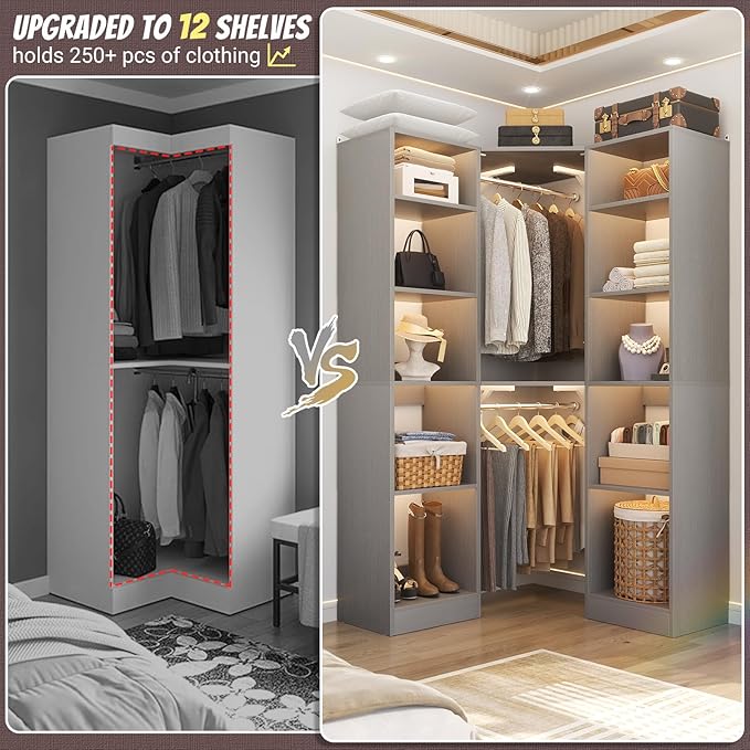 Corner Closet System with 12 Shelves, 39.2" Corner Closet Organizer System with 2 Hanging Rods, Versatile 6-Tier Walk-in Closets for Corner Space, Grey (39.2" L x 39.2" W x 80" H)