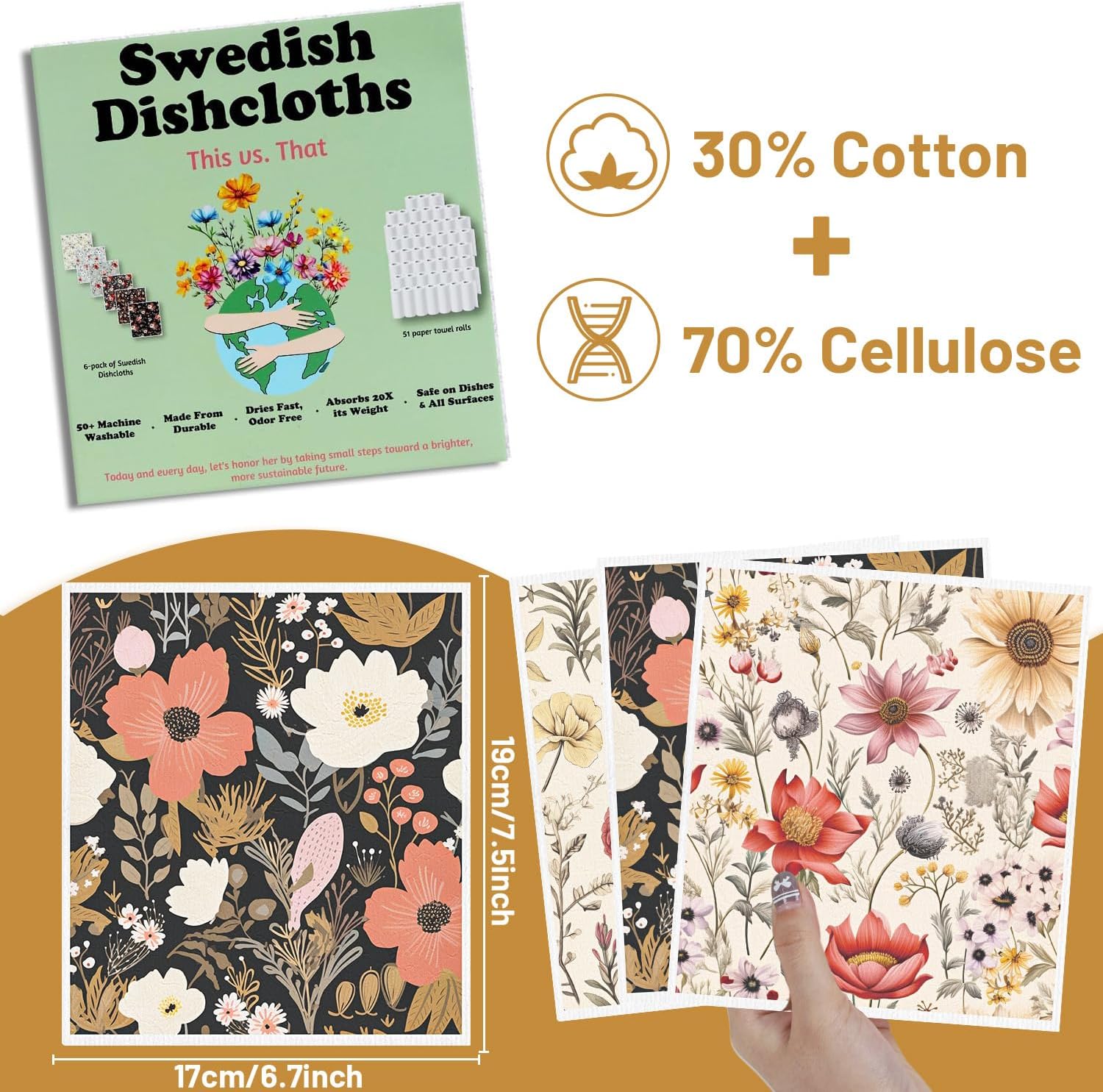 Swedish Dishcloths for Kitchen, 6PCS Vintage Floral Swedish Dish Cloths Gift Set, Flower Reusable Washable Absorbent Dish Towel for Home Cleaning(7.8 X 7 Inches)