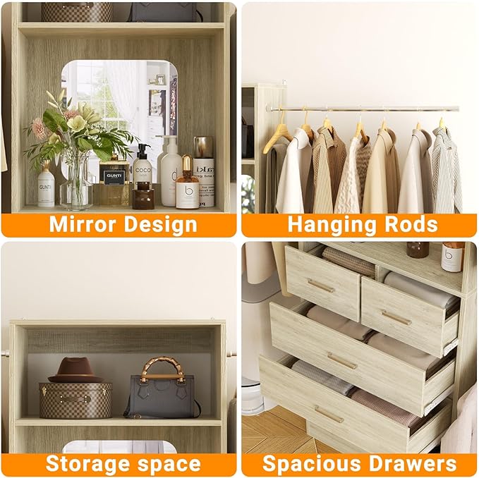 Unikito Closet System, 6-14FT Walk in Closet Organizer with 8 Drawers and Mirror, 168" Wood Closets Insert with Tower, Sturdy Wardrobe Closets Garment Rack with Extendable Hanging Rods, White Oak