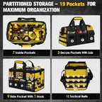 16-Inch Heavy Duty Tool Bag, 19-Pockets Tool Box Organizer, Portable Toolbag W/Soft Handle, Organized Storage, Mechanic Gifts for Men Dad Husband Him Christmas, Wide Mouth Toolbox Organization, Yellow