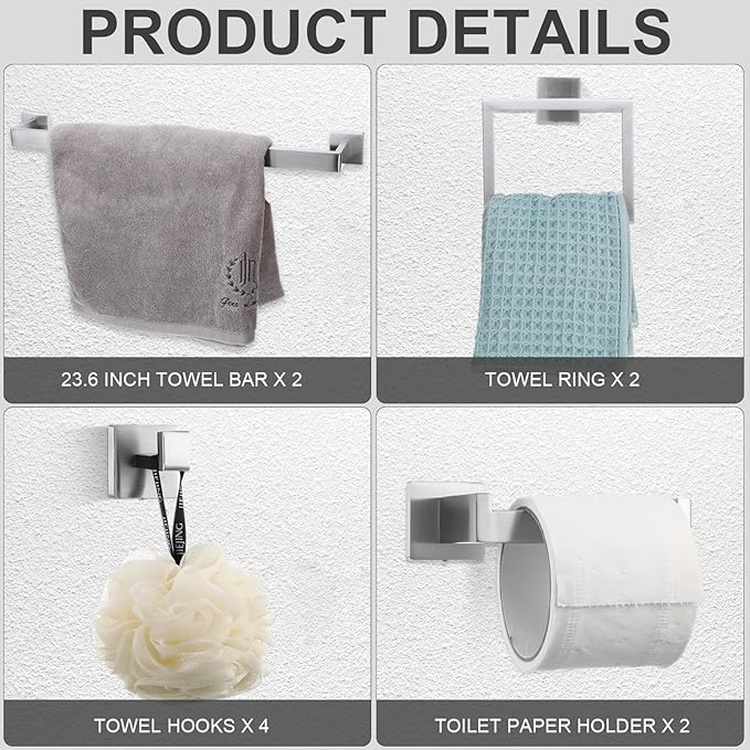 Gisafai 10 Pcs Bathroom Hardware Accessories Set 23.6 Inch Bath Towel Bar Kit Stainless Steel Bathroom Hardware Set Towel Racks Ring Hooks Paper Holder for Wall Mounted (Silver)