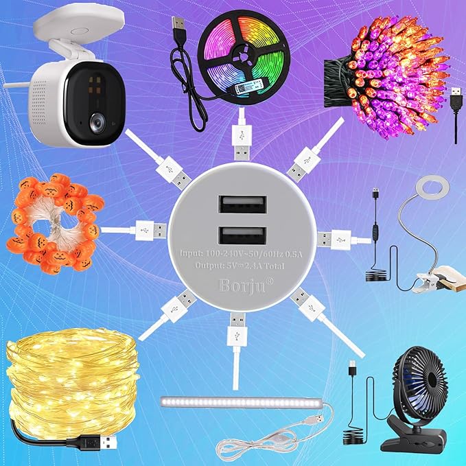 Borju Light Socket USB Adapter for Decorative Lights,Lighting,Security Camera,Mini Fan. Output DC 5V/2.4A Total,Dual Port