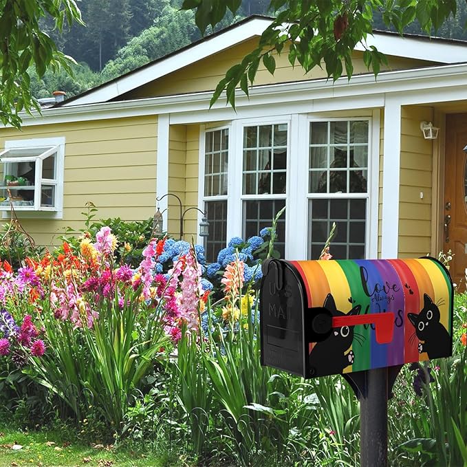 Rainbow Gay Pride Magnetic Mailbox Covers Standard Size 21 x 18 Inch Black Cat Love Always Wins Mailbox Post Cover LGBTQ Letter Box Wraps Waterproof Garden Yard Home Decor for Outside