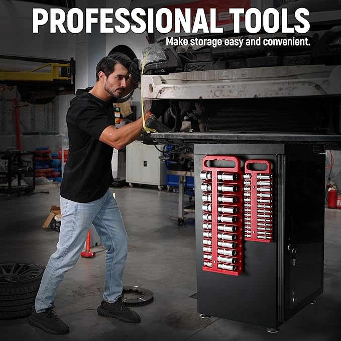 Magnetic Socket Organizer Set, 3-Piece Red Portable Magnetic Socket Holder Tray, Heavy Duty Socket Racks For 1/2-inch& 3/8-inch& 1/4-inch Drive, Hold 76 Sockets - Fit Shallow&Deep Sockets