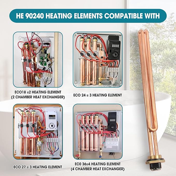 3 Pcs He 90240 Water Heater Heating Element 9000W 240V Heating Element Replacement for EcoSmart ECO 18 27 36 for Rheem Rtex Retex for Electric Tankless Water Heaters Screw-In Copper