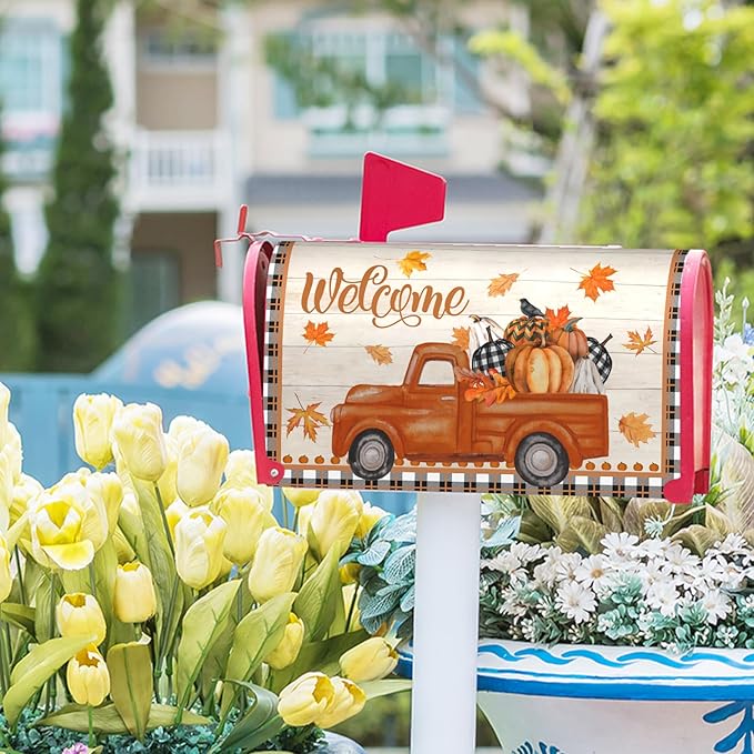 Kawani Fall Mailbox Cover - Autumn Harvest Orange Pumpkin Truck Maple Leaves Magnetic Standard Size 25.5x21 Inch Thanksgiving Waterproof Post Box Wrap Garden Yard Decor