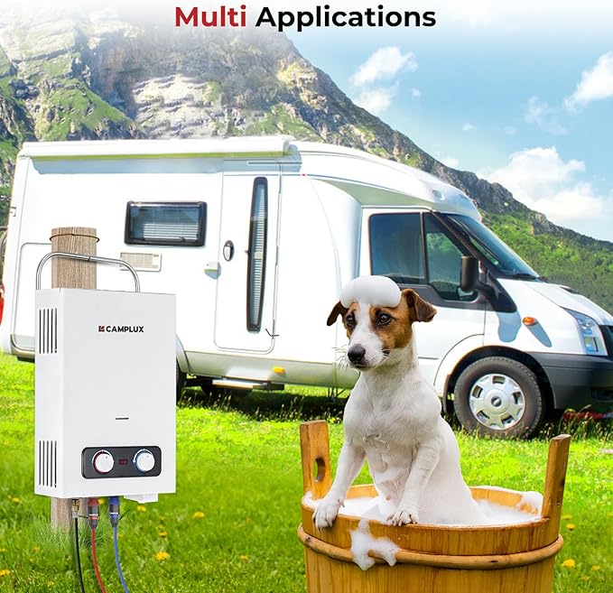 CAMPLUX Tankless Water Heater, 1.58 GPM Outdoor Propane Gas Water Heater with Portable Handle, 6L Outdoor Portable Water Heater, White