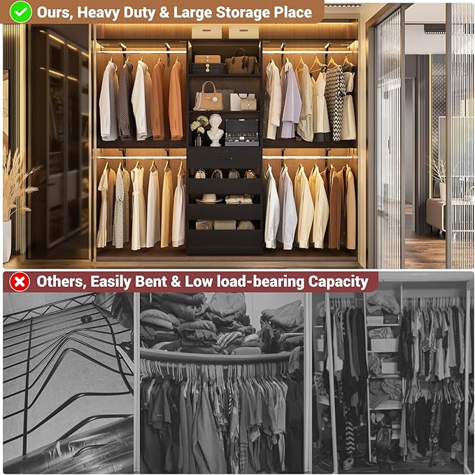 Aheaplus Closet System, 8FT Closet Organizer with 4 Wooden Drawers, Wood Closet Organizer System with Tower, Walk-in Closet Organizer Wardrobe Clothes Rack with 4 Hanging Rods, Garment Rack, Black