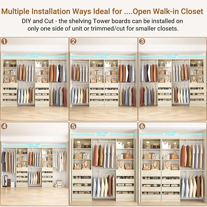 Aheaplus Closet System with 8 Wooden Drawers, Wood Closet Organizer System with Tower, Walk-in Closet Organizer Wardrobe Clothes Rack with 4 Hanging Rods, Garment Rack, Cut to Fit 7-12Ft, White Oak