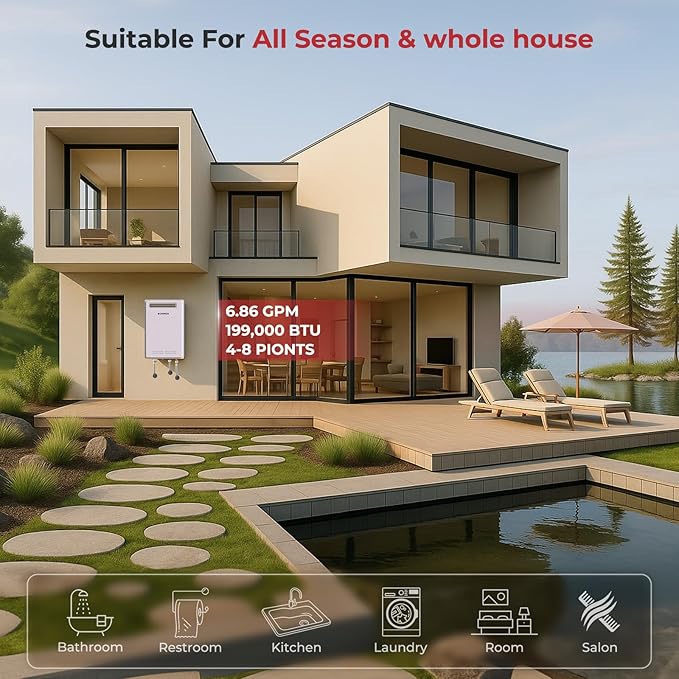 CAMPLUX Climatech 5 199,000 BTU Tankless Water Heater Gas Outdoor, 6.86 GPM Instant On Demand Gas Tankless Hot Water Heater Natural Gas, 3-6 Persons Whole House, Outdoor Installation, White, CSA