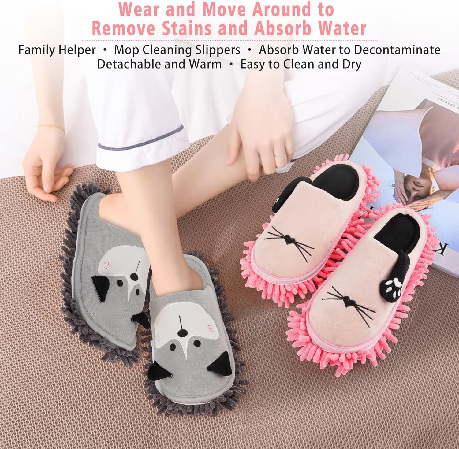 Cartoon Dog Mop Slippers Microfiber Clean Dusting Slippers Detachable Mopping Shoes for Office Home Room (Gray)