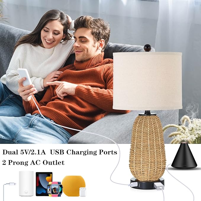 Touch Control Rattan Table Lamps, 3 Way Dimmable Bedside Lamps for Bedroom with 2 USB Ports and AC Outlet, Grass Rope Nightstand Lamps for Living Room Office (LED Bulbs Included)