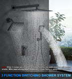 Shower Faucet Set, 10" Wall Mount Rainfall Shower System with 2 Rain Shower Head and Multi-function Handheld Head Push Button Diverter Shower Faucet Trim Kit Matte Black