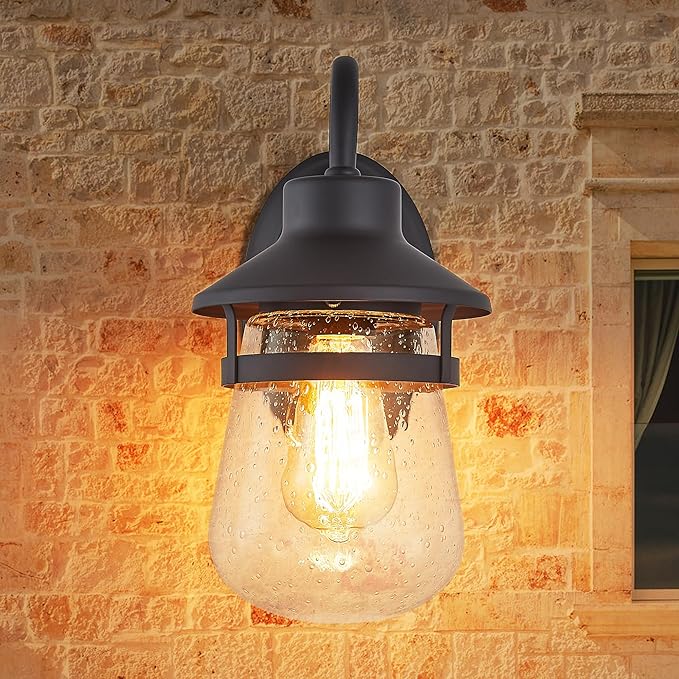 Outdoor Wall Sconce with Clear Seeded Glass Shade,Waterproof Exterior Fixture in Oil Rubbed Bronze Finish,Suit for Wet Locations,Easily Installed in Porch Patio Entryway,Doorway,Corridor
