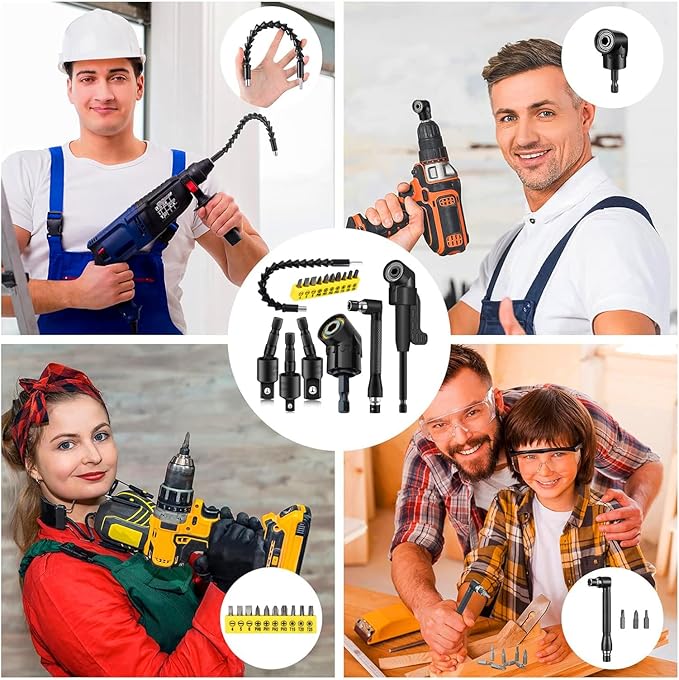 17 Pcs Flexible Drill Bit Extension 105 Degree Right Angle Drill Adapter,360° Rotatable 1/4 3/8 1/2" Impact Grade Socket Adapter Set,90° Angled Bits,Super Bit Shaft Extension Bits,Screwdriver Bit Set