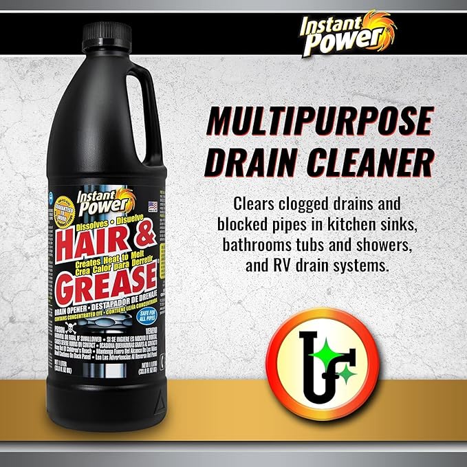Instant Power Hair and Grease Drain Cleaner - Shower Drain & Sink Cleaner, Liquid Clog Remover, Made in USA, Sink Deodorizer - 1 Liter (Pack of 2)