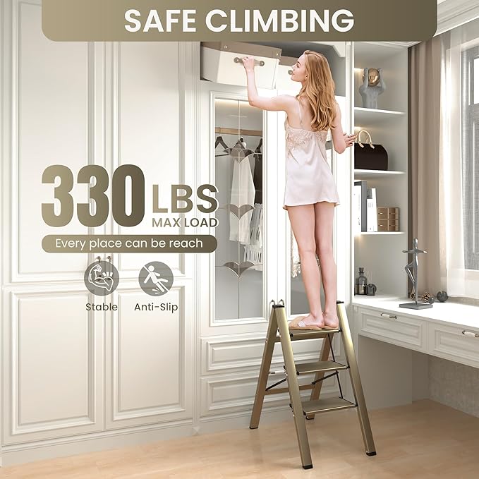 GameGem 3 Step Ladder, Aluminum Folding Step Stool with Anti-Slip Sturdy and Wide Pedal, Lightweight Portable Stepladder for Home and Kitchen Use Space Saving, 330 lbs, Champagne Gold