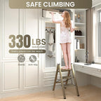 GameGem 3 Step Ladder, Aluminum Folding Step Stool with Anti-Slip Sturdy and Wide Pedal, Lightweight Portable Stepladder for Home and Kitchen Use Space Saving, 330 lbs, Champagne Gold