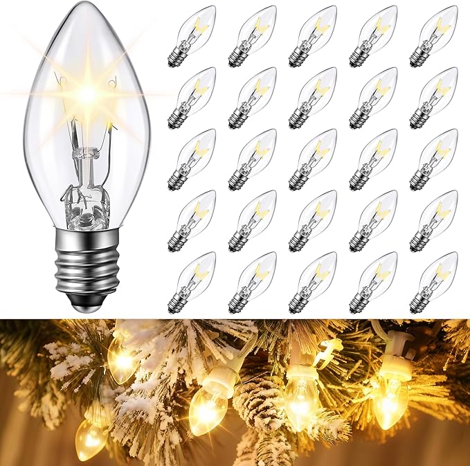 25 Pack Twinkle Christmas Replacement Bulbs, 7W Random Blinking Light Bulbs for Christmas String Light, Nightlights(Clear Twinkle,C7,E12 Intermediate Base)
